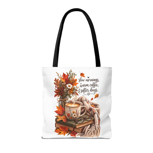 Autumn Cozy Tote Bag - "Slow Mornings, Warm Coffee, Softer Days" Fall Bookish Bag