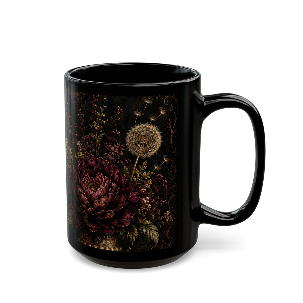 Midnight Garden Dark Floral Black Mug – Vintage Botanical Coffee Cup (15oz)