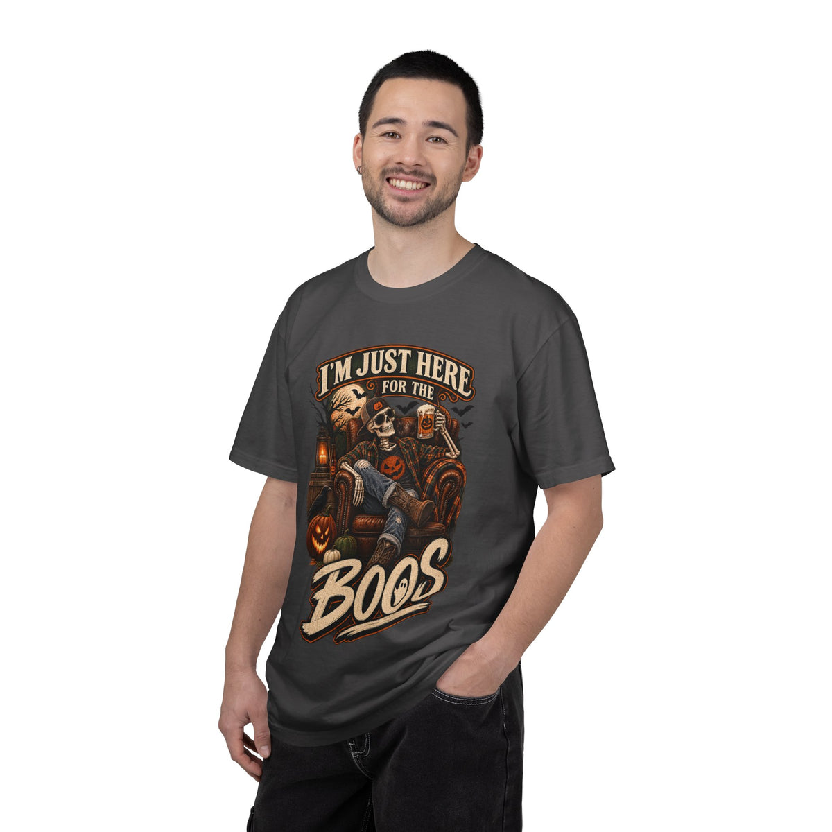 Halloween T-Shirt — "I'm Just Here for the Boos" Spooky Skull & Pumpkin Tee
