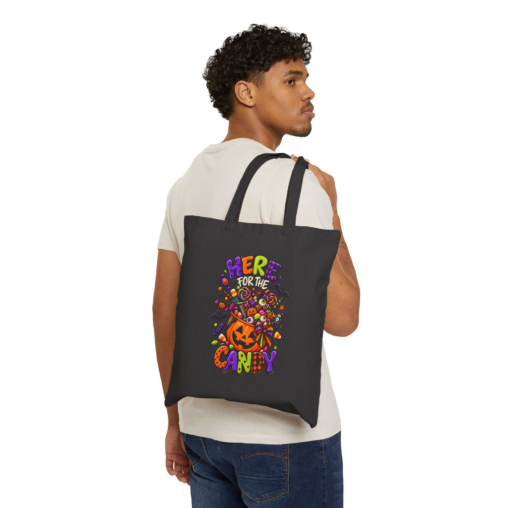 Halloween Tote Bag - "Here for the Candy" Pumpkin Candy Tote, Trick-or-Treat Canvas Bag