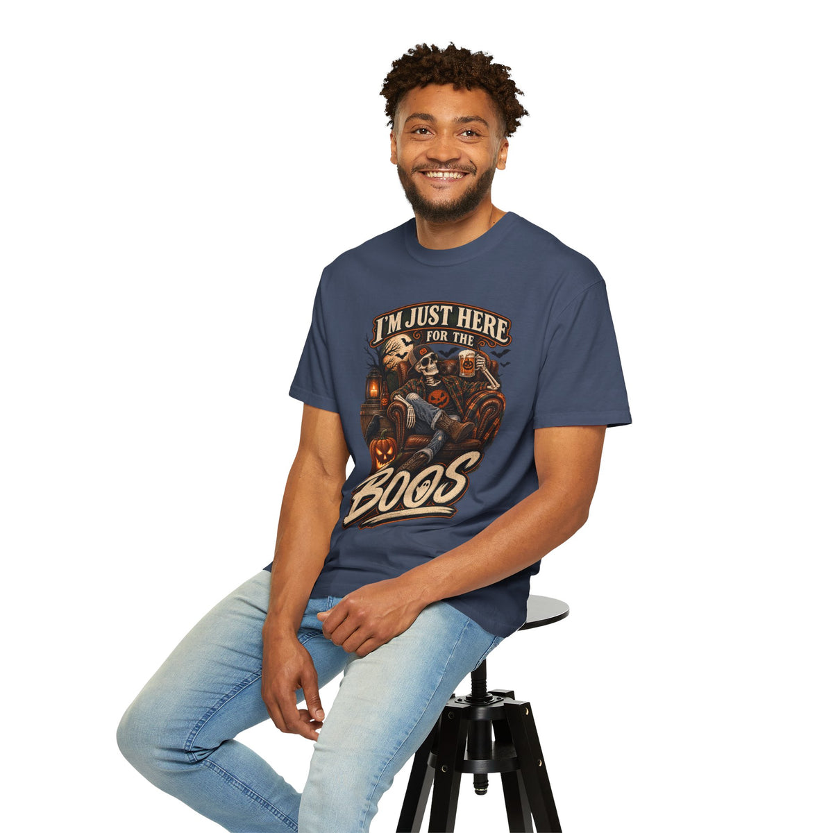 Halloween T-Shirt — "I'm Just Here for the Boos" Spooky Skull & Pumpkin Tee