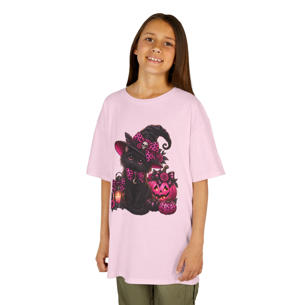 Kids Halloween Cat Tee — Witch Hat Black Kitten with Pink Pumpkins
