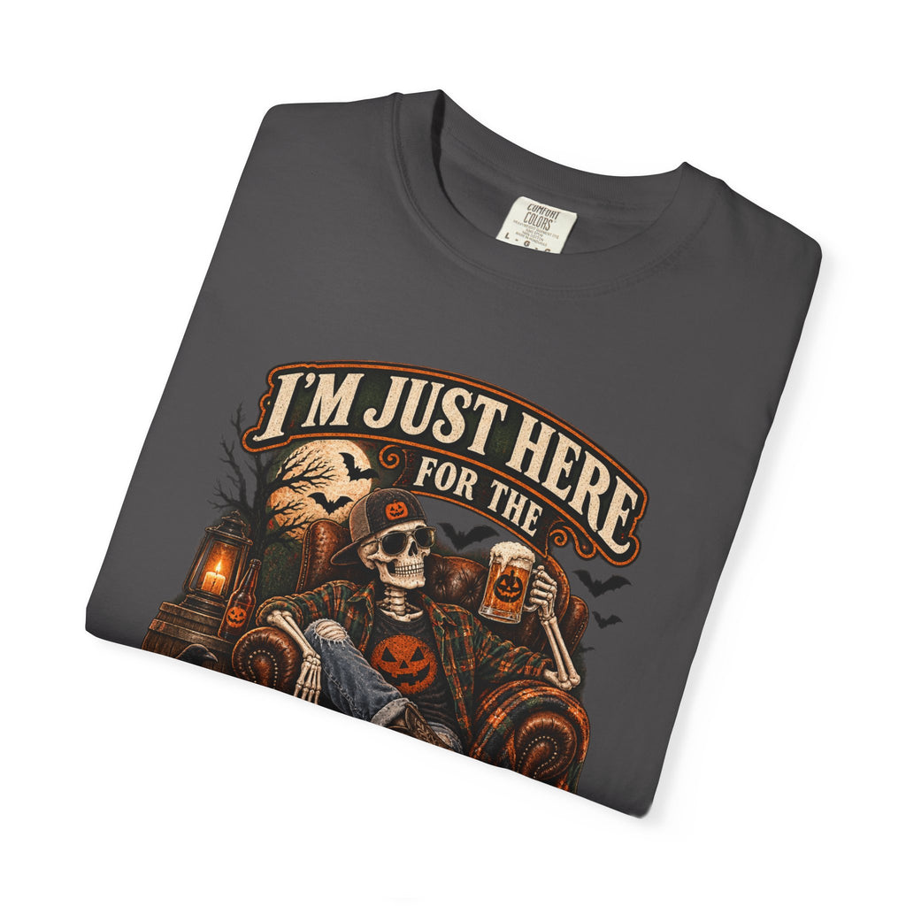 Halloween T-Shirt — "I'm Just Here for the Boos" Spooky Skull & Pumpkin Tee