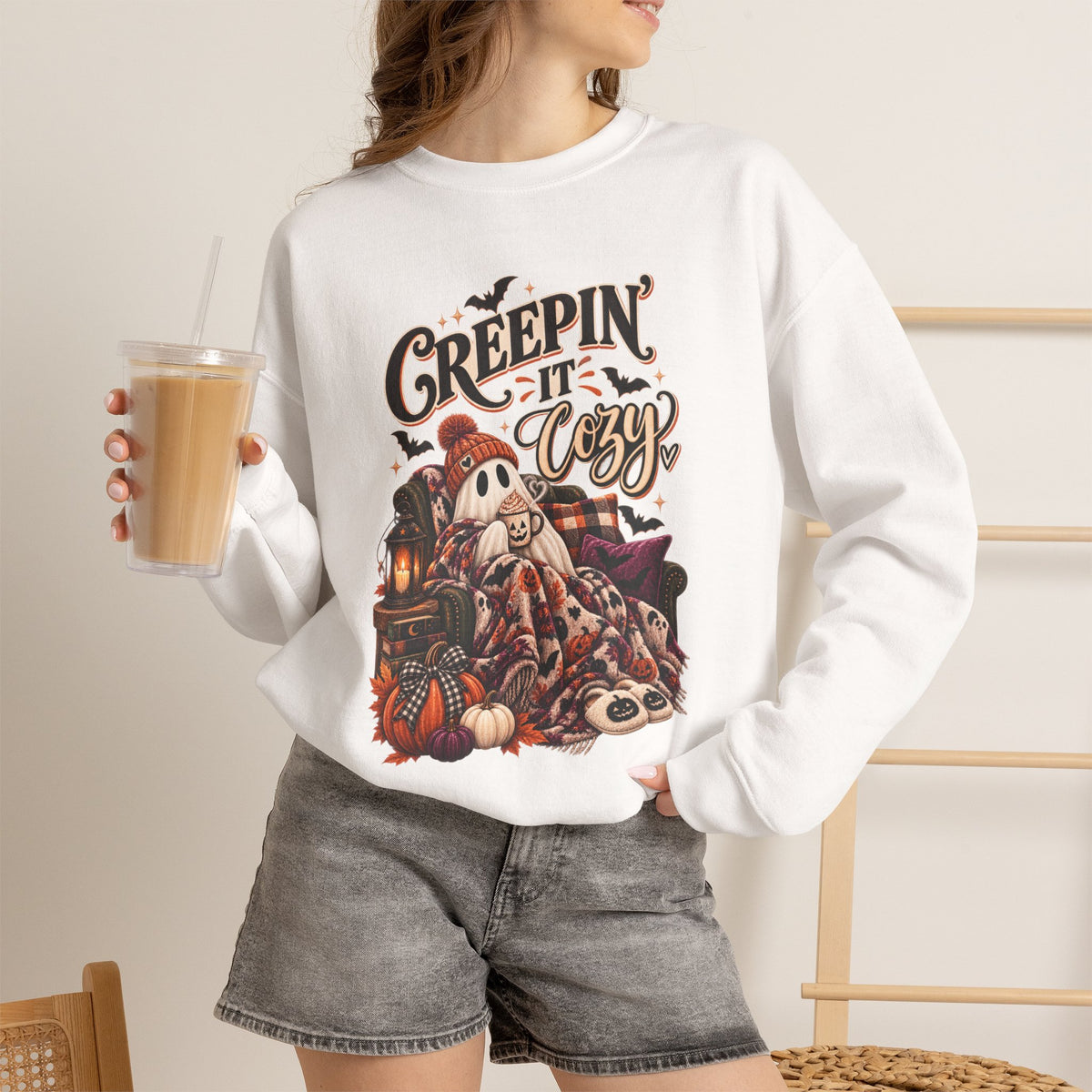 Halloween Crewneck Sweatshirt "Creepin' It's Cozy" — Spooky Cozy Autumn Pullover