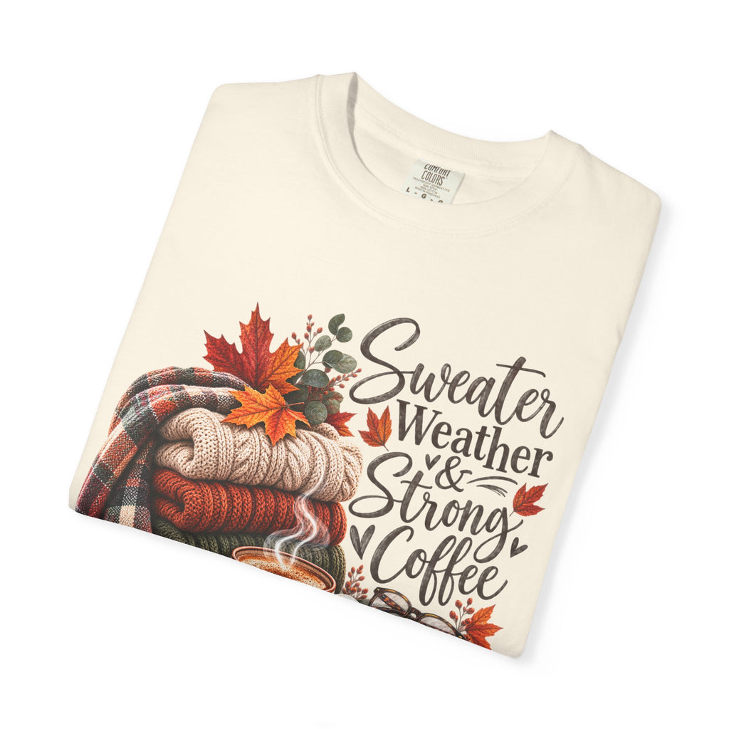 Sweater Weather & Strong Coffee T-Shirt — Cozy Fall Plaid Coffee Graphic Tee