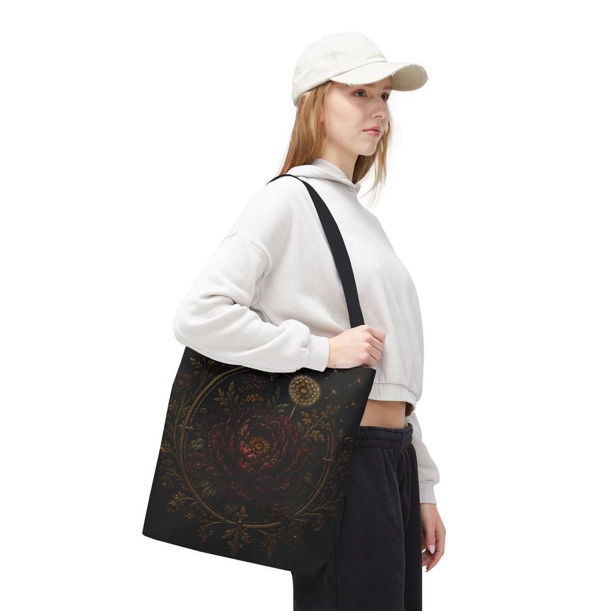 Midnight Garden Tote Bag — Vintage Floral Dandelion Design