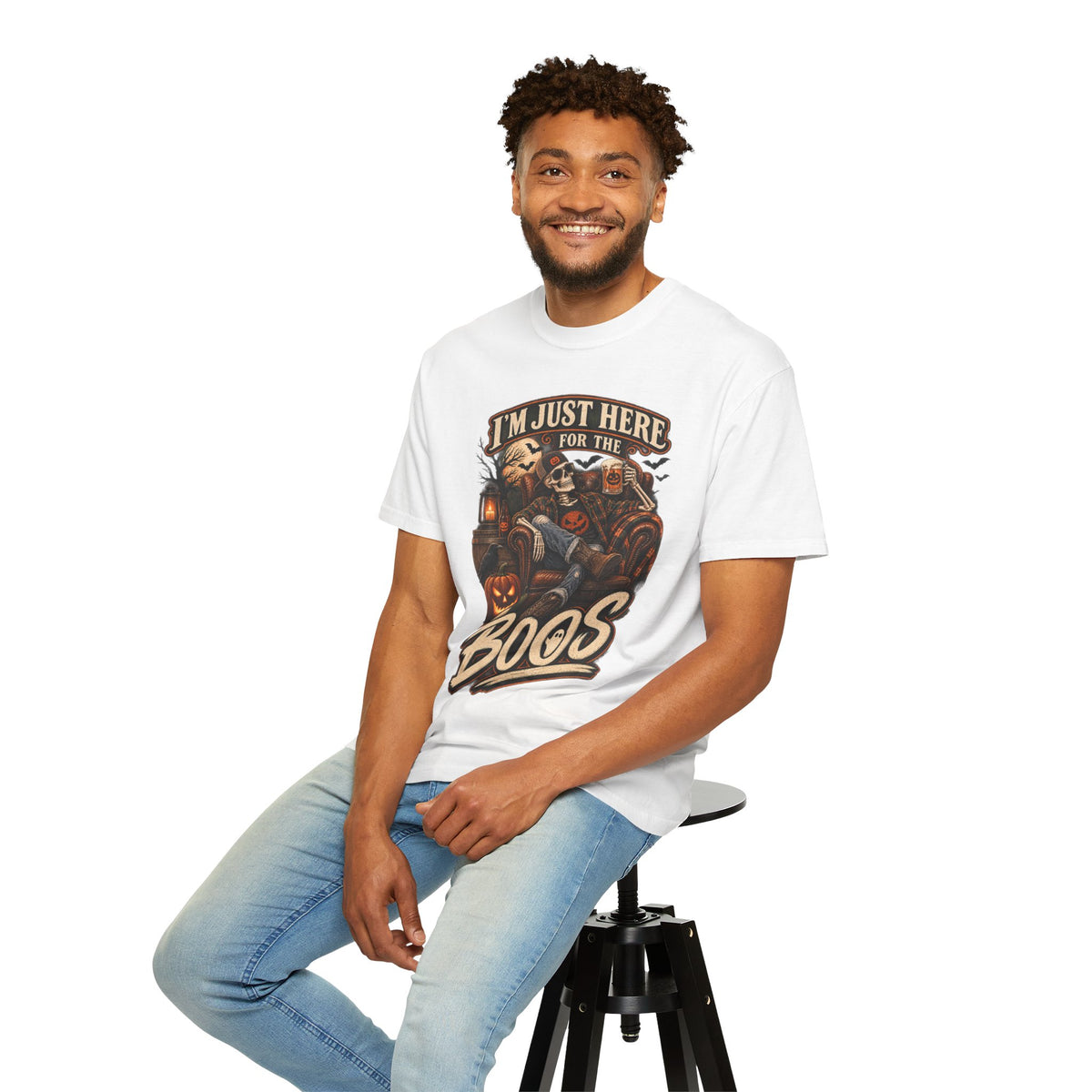 Halloween T-Shirt — "I'm Just Here for the Boos" Spooky Skull & Pumpkin Tee
