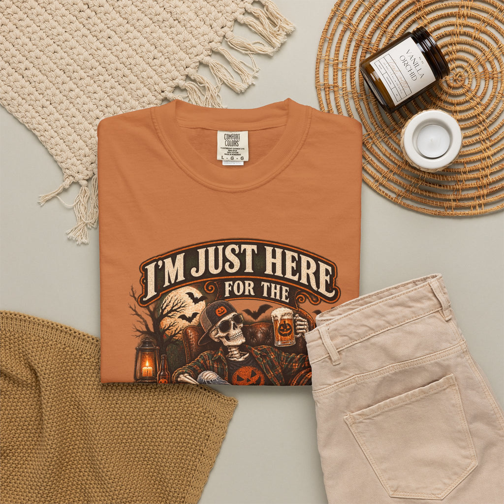 Halloween T-Shirt — "I'm Just Here for the Boos" Spooky Skull & Pumpkin Tee