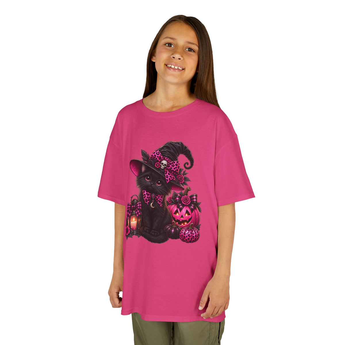 Kids Halloween Cat Tee — Witch Hat Black Kitten with Pink Pumpkins