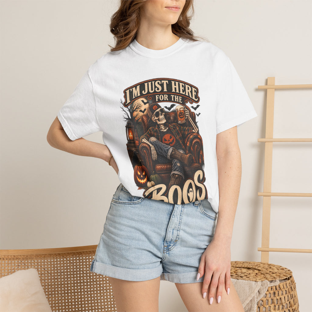 Halloween T-Shirt — "I'm Just Here for the Boos" Spooky Skull & Pumpkin Tee