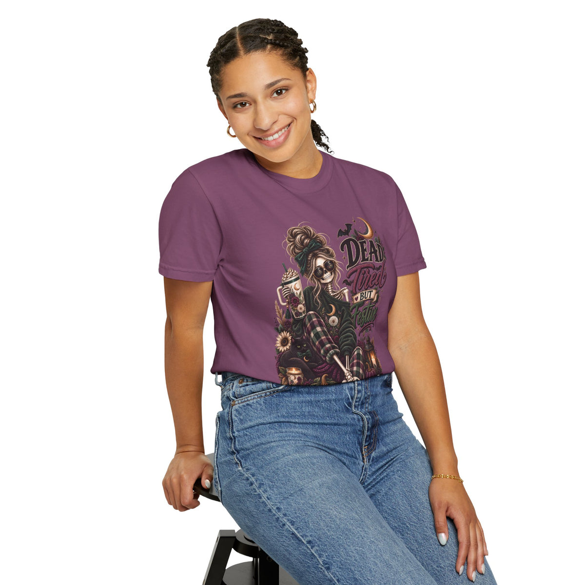 Halloween Skull Witch T-Shirt — "Dead Tired But Still Cute" Graphic Tee