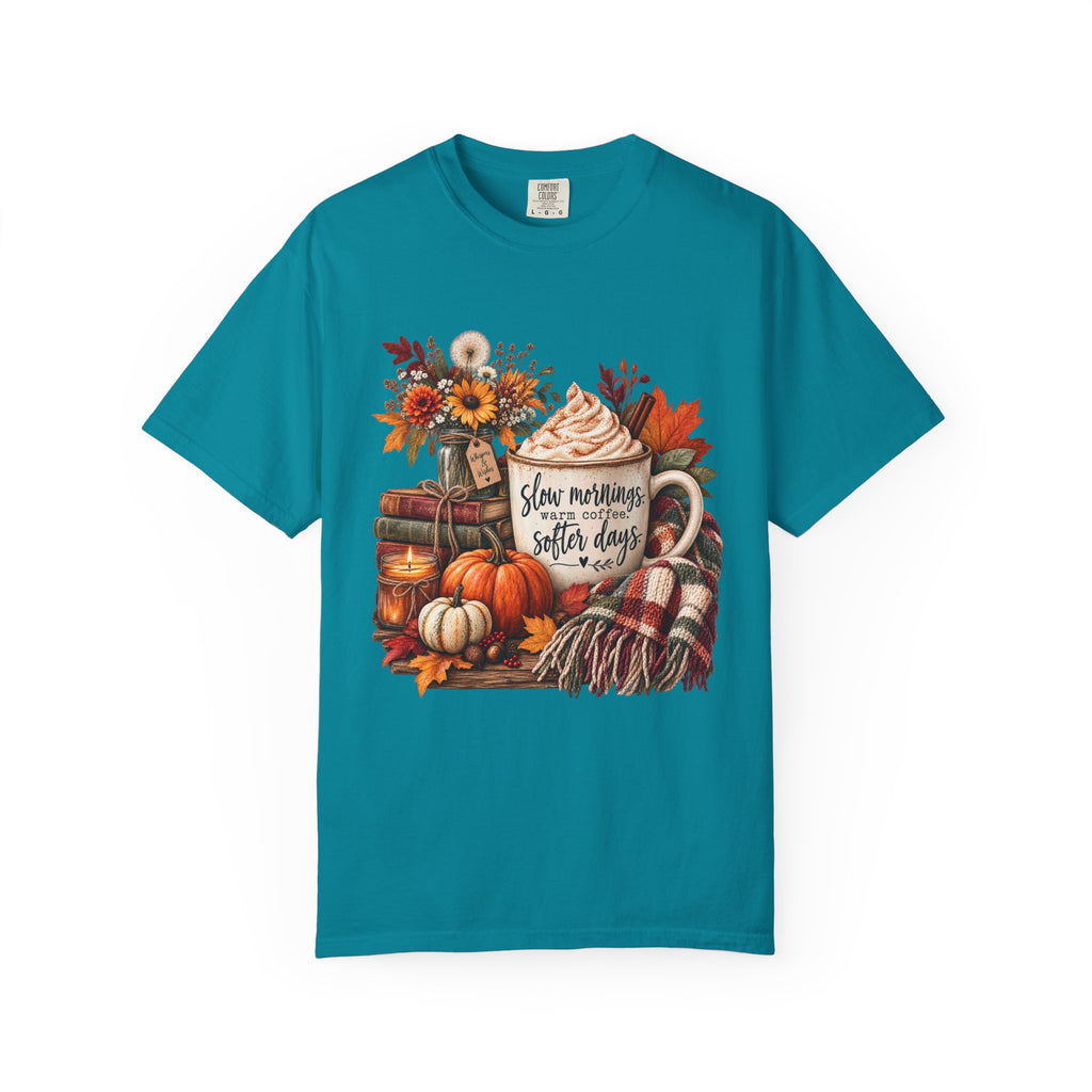 Fall Autumn Graphic T-Shirt — "Slow Mornings, Cozy Coffee, Sweater Days"