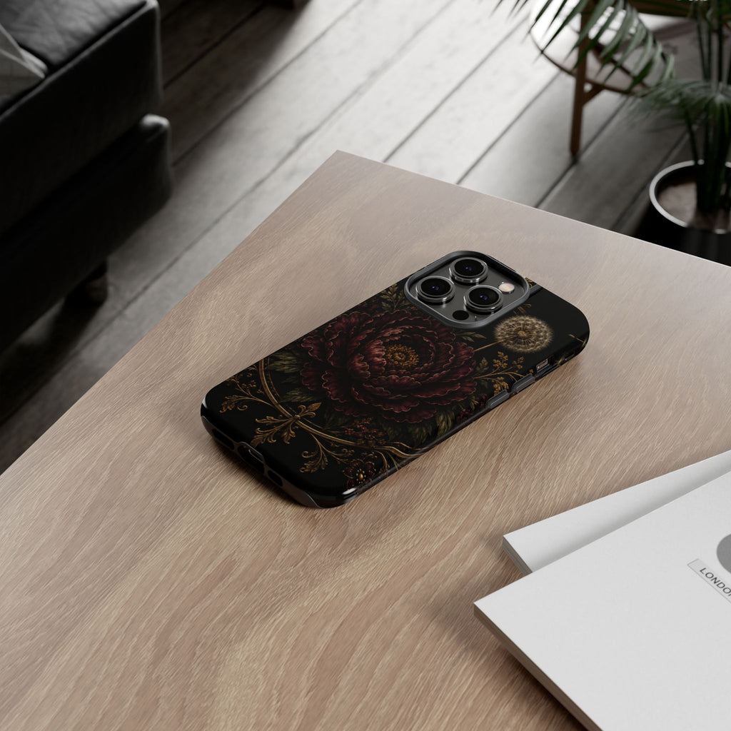 Midnight Garden Tough Case – Vintage Dark Floral Phone Case (Antique Dahlia & Dandelion)