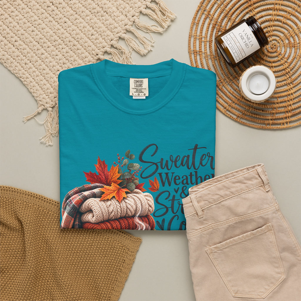 Sweater Weather & Strong Coffee T-Shirt — Cozy Fall Plaid Coffee Graphic Tee
