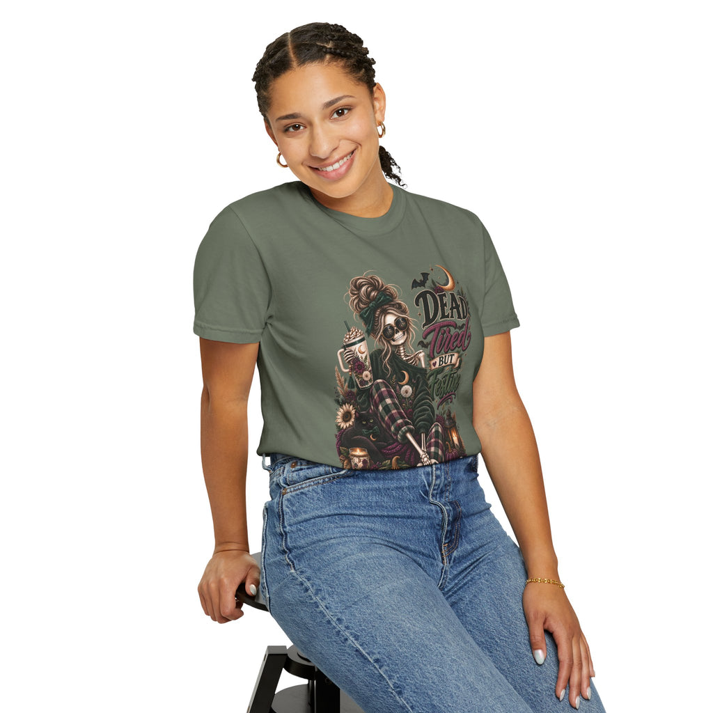 Halloween Skull Witch T-Shirt — "Dead Tired But Still Cute" Graphic Tee