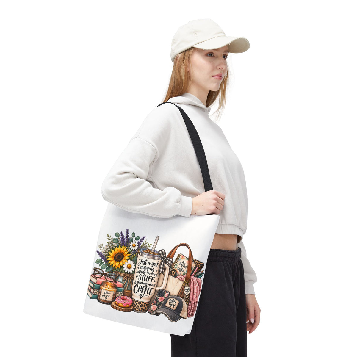 Canvas Tote Bag — "Just a girl carrying all the stuff (and coffee)" Floral & Cozy Design