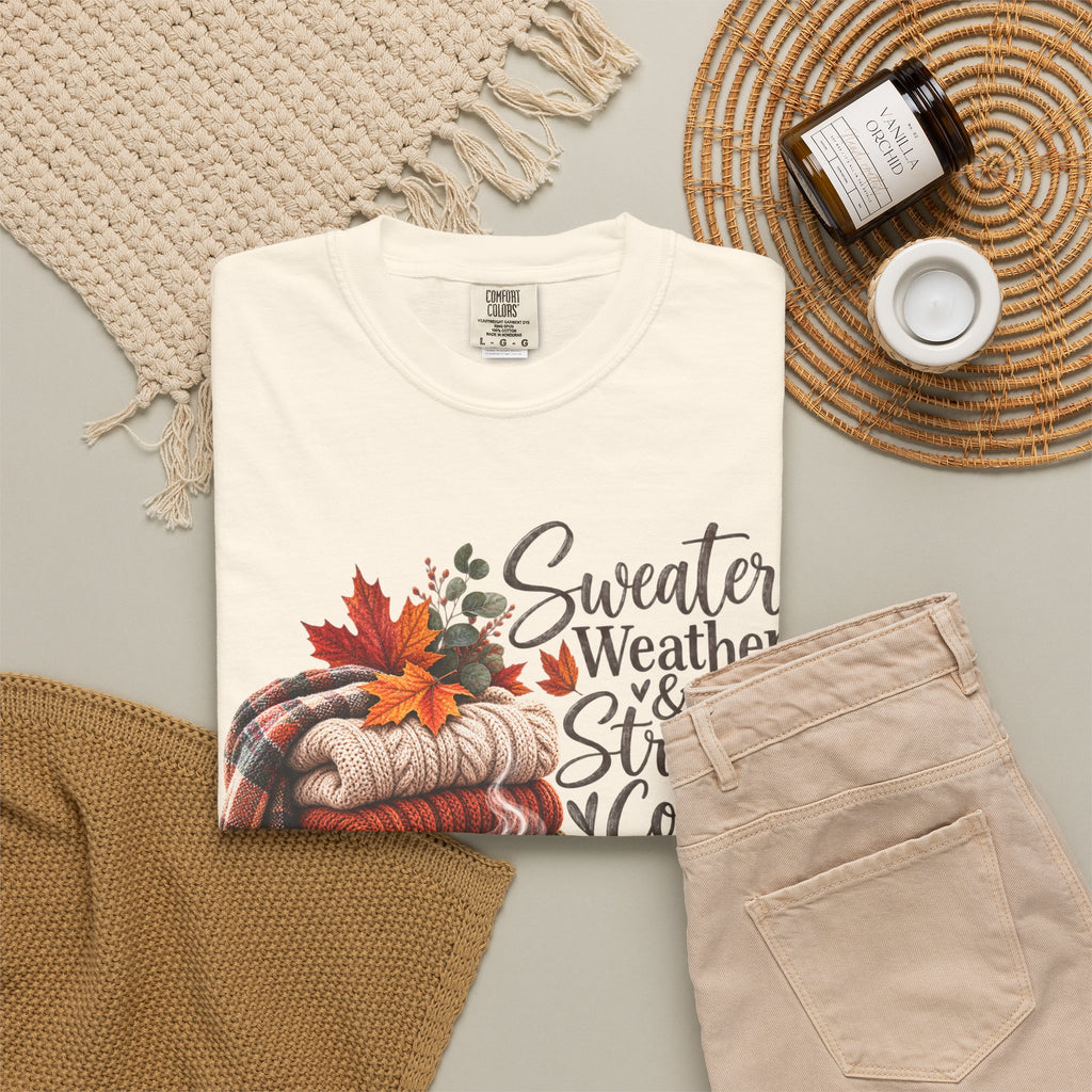 Sweater Weather & Strong Coffee T-Shirt — Cozy Fall Plaid Coffee Graphic Tee