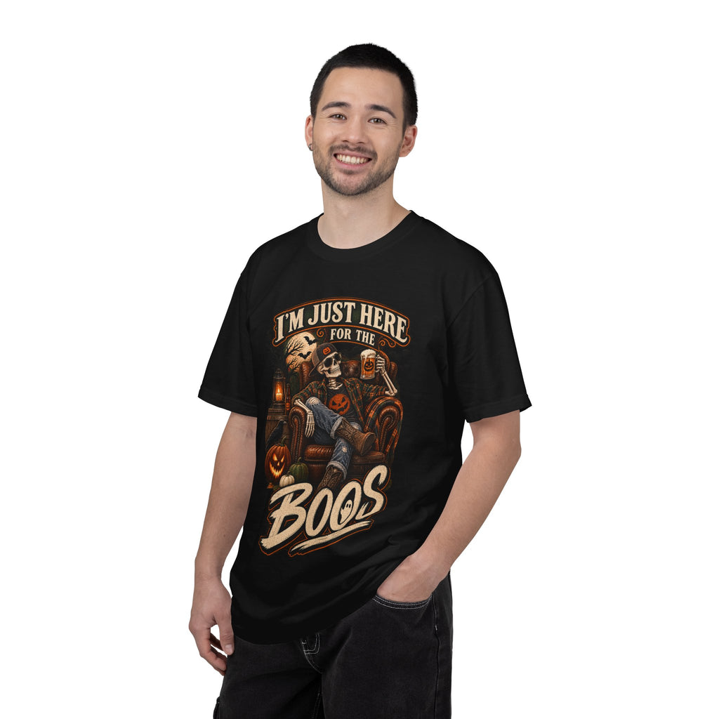 Halloween T-Shirt — "I'm Just Here for the Boos" Spooky Skull & Pumpkin Tee