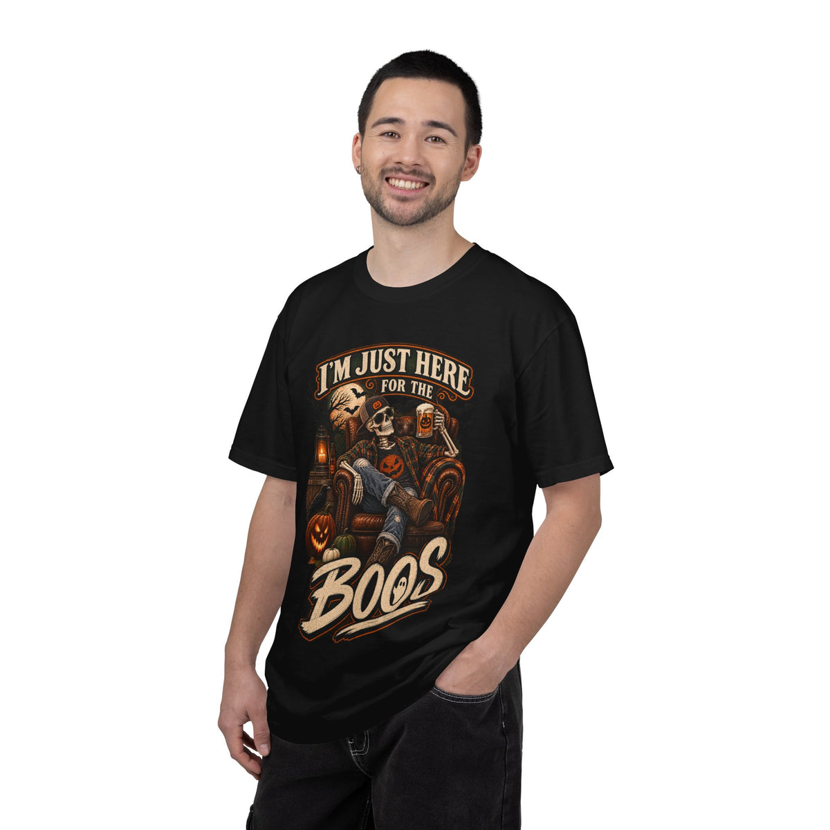 Halloween T-Shirt — "I'm Just Here for the Boos" Spooky Skull & Pumpkin Tee
