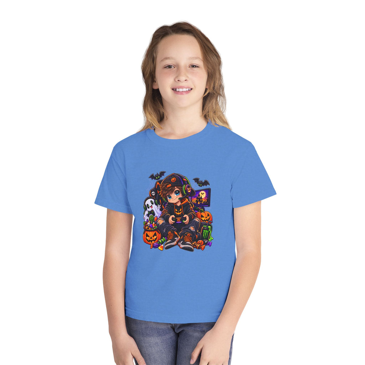 Kids Halloween Tee - Cute Gamer Kid with Pumpkins & Bats