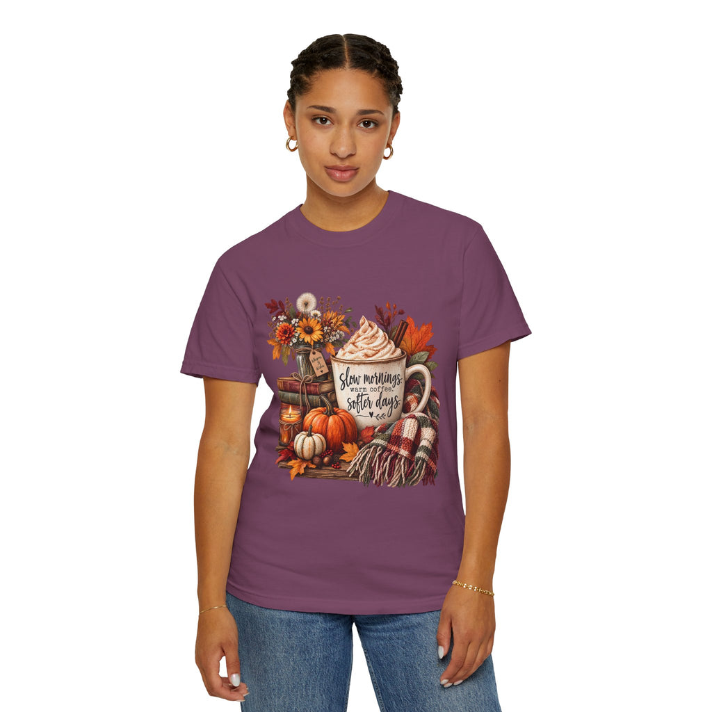 Fall Autumn Graphic T-Shirt — "Slow Mornings, Cozy Coffee, Sweater Days"