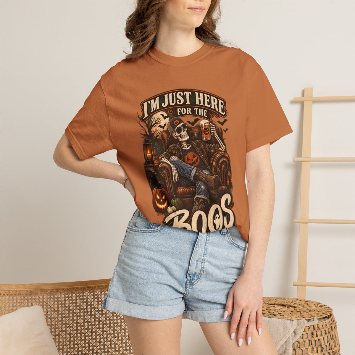 Halloween T-Shirt — "I'm Just Here for the Boos" Spooky Skull & Pumpkin Tee