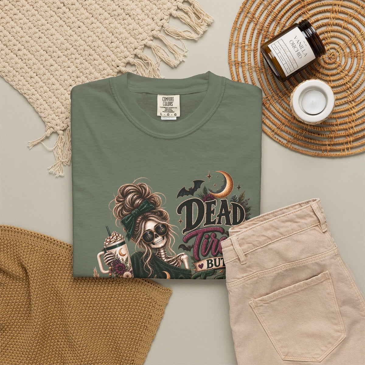 Halloween Skull Witch T-Shirt — "Dead Tired But Still Cute" Graphic Tee