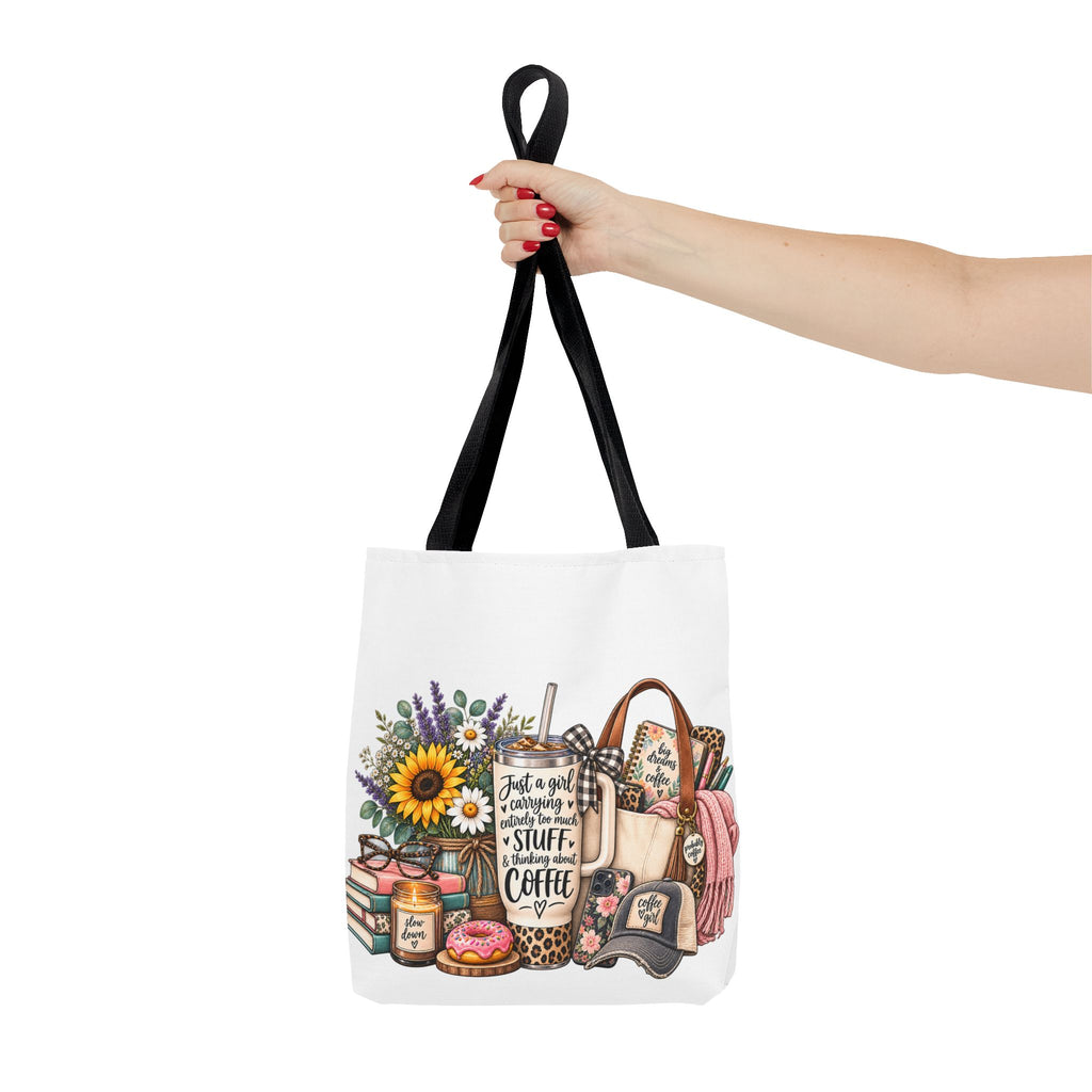 Canvas Tote Bag — "Just a girl carrying all the stuff (and coffee)" Floral & Cozy Design