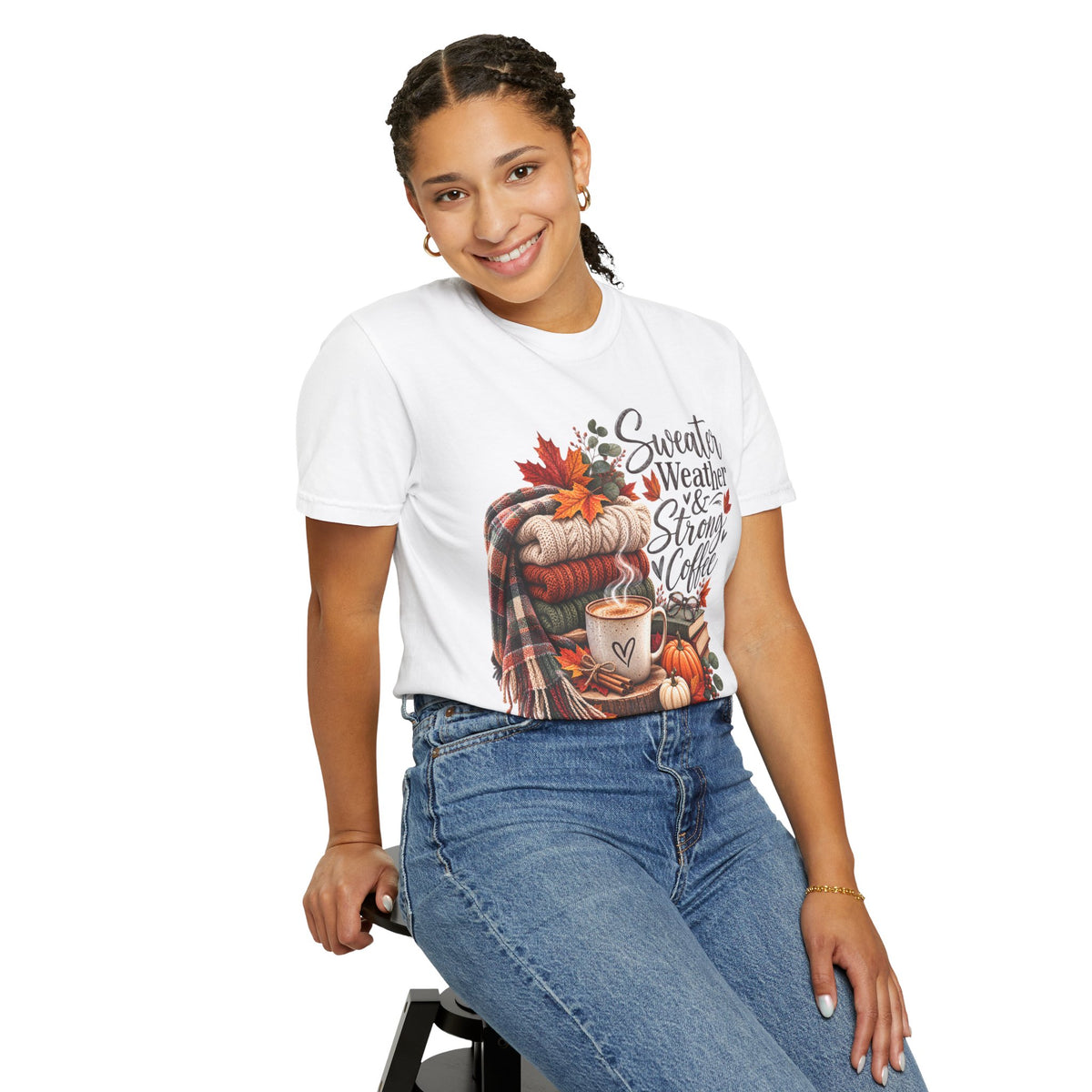 Sweater Weather & Strong Coffee T-Shirt — Cozy Fall Plaid Coffee Graphic Tee