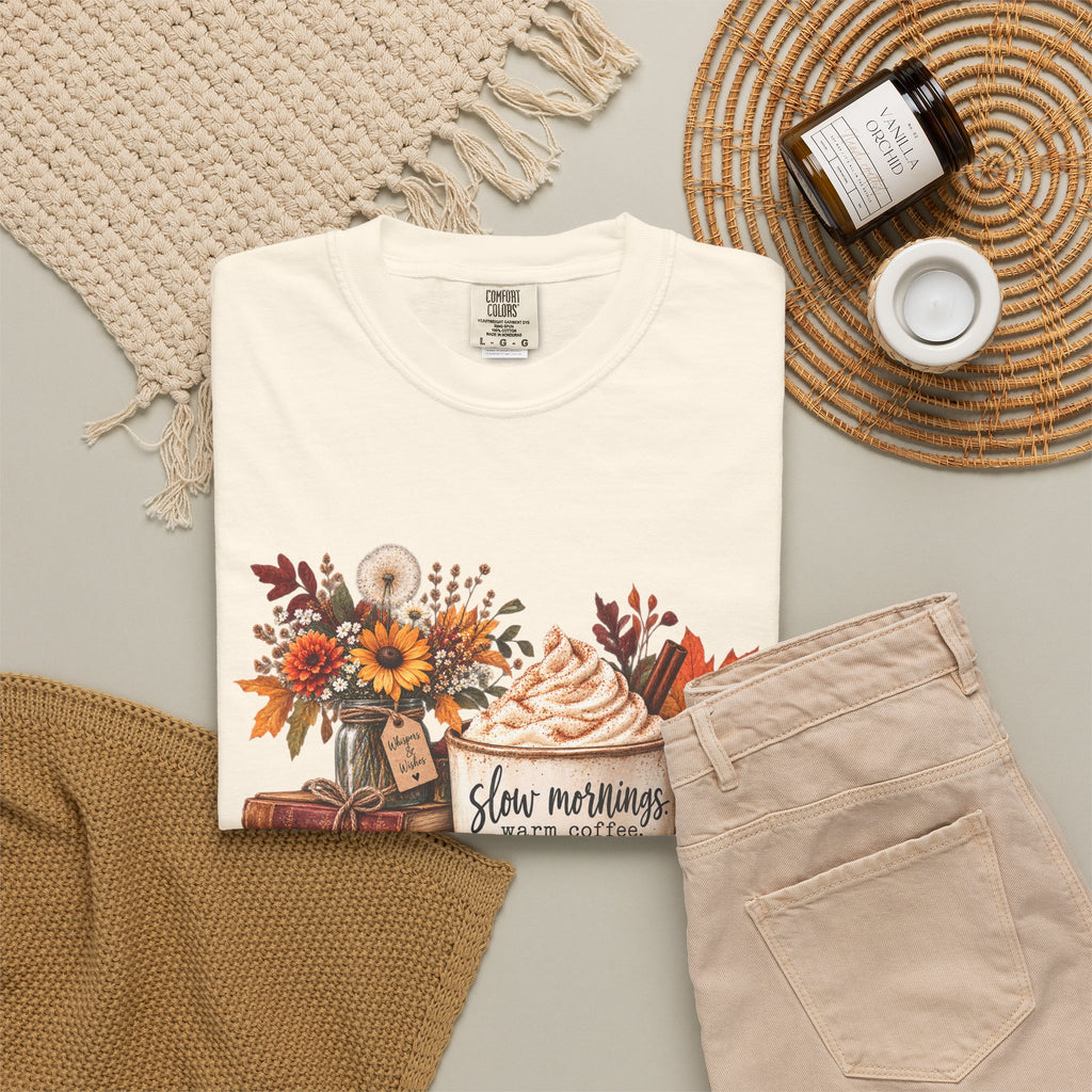 Fall Autumn Graphic T-Shirt — "Slow Mornings, Cozy Coffee, Sweater Days"