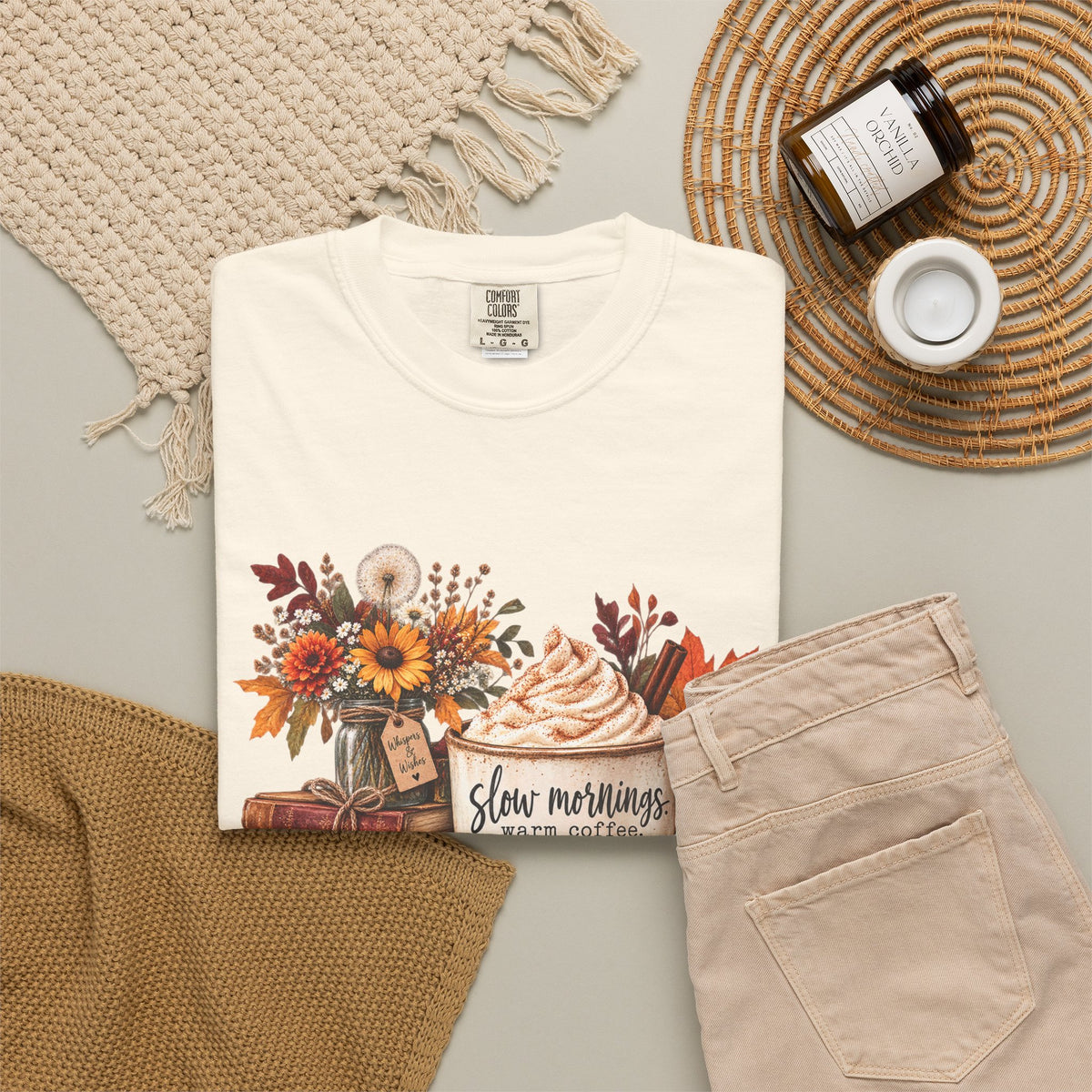 Fall Autumn Graphic T-Shirt — "Slow Mornings, Cozy Coffee, Sweater Days"