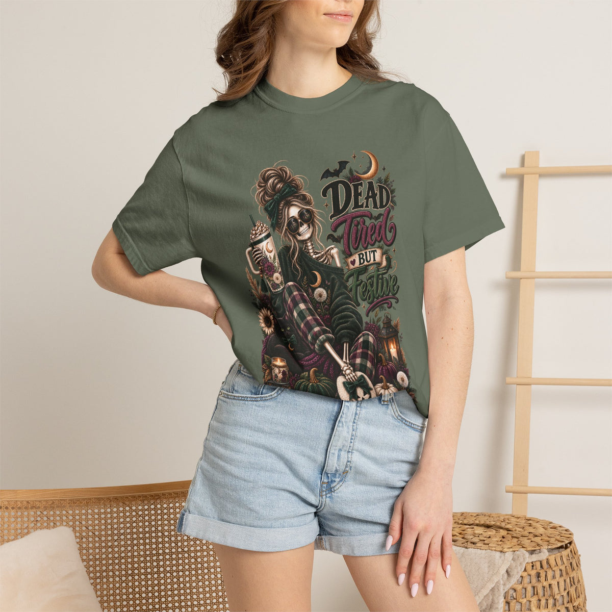 Halloween Skull Witch T-Shirt — "Dead Tired But Still Cute" Graphic Tee