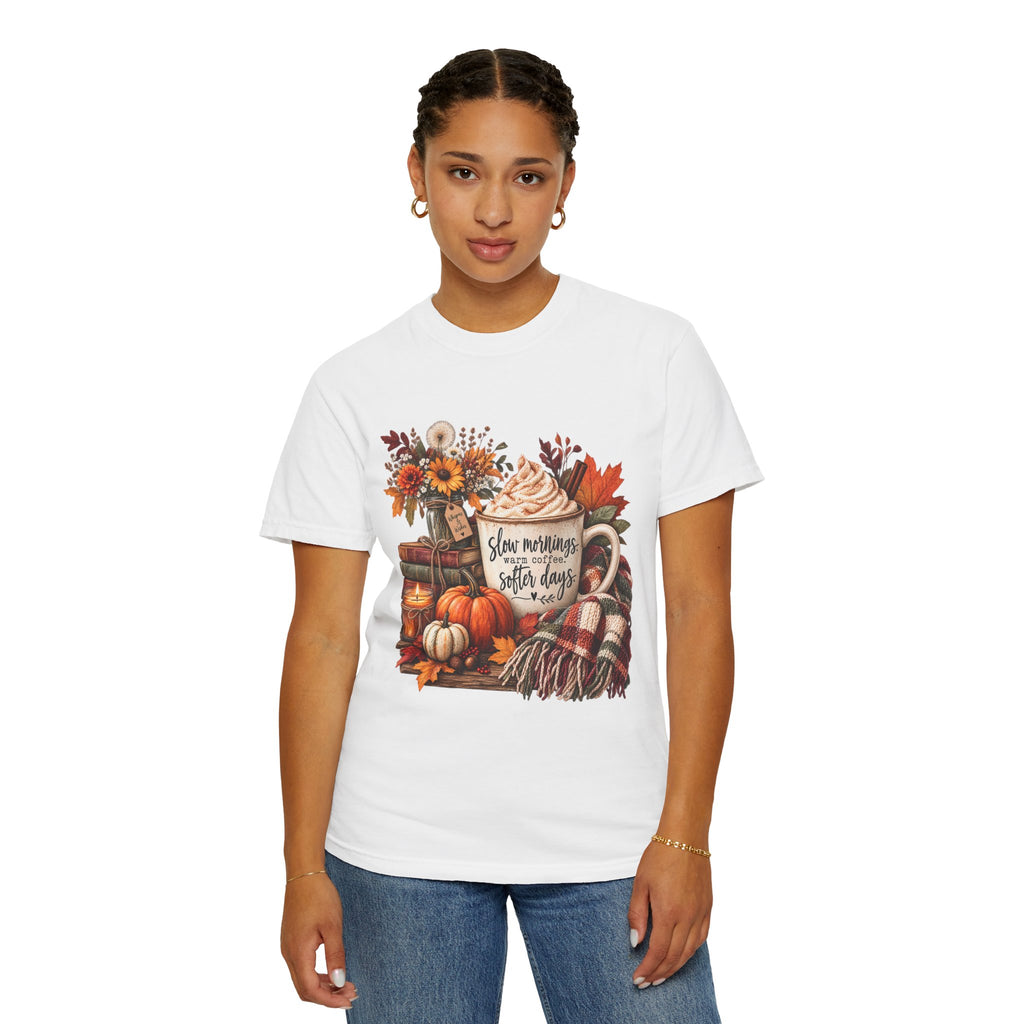 Fall Autumn Graphic T-Shirt — "Slow Mornings, Cozy Coffee, Sweater Days"