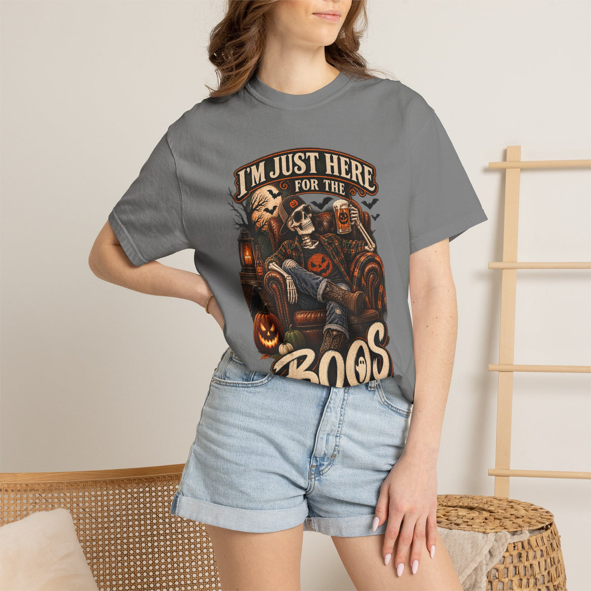 Halloween T-Shirt — "I'm Just Here for the Boos" Spooky Skull & Pumpkin Tee