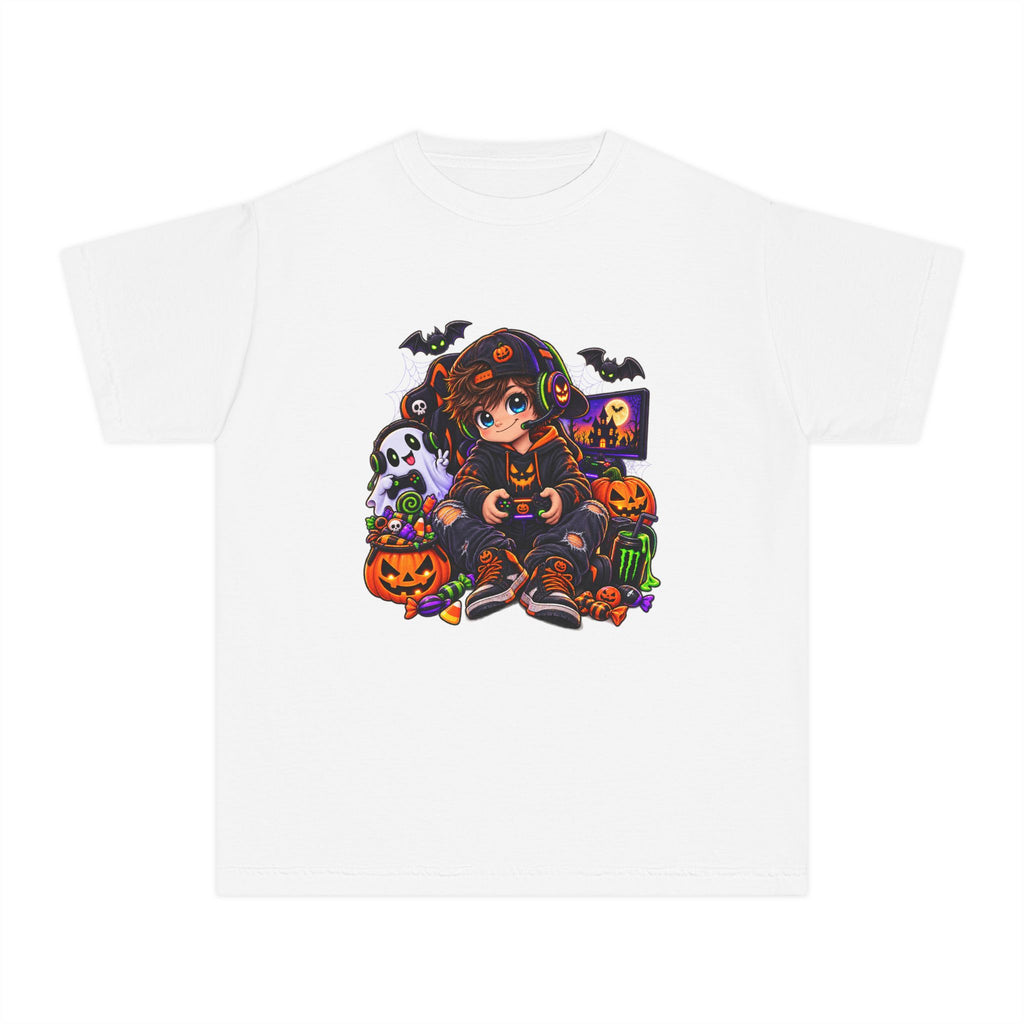 Kids Halloween Tee - Cute Gamer Kid with Pumpkins & Bats
