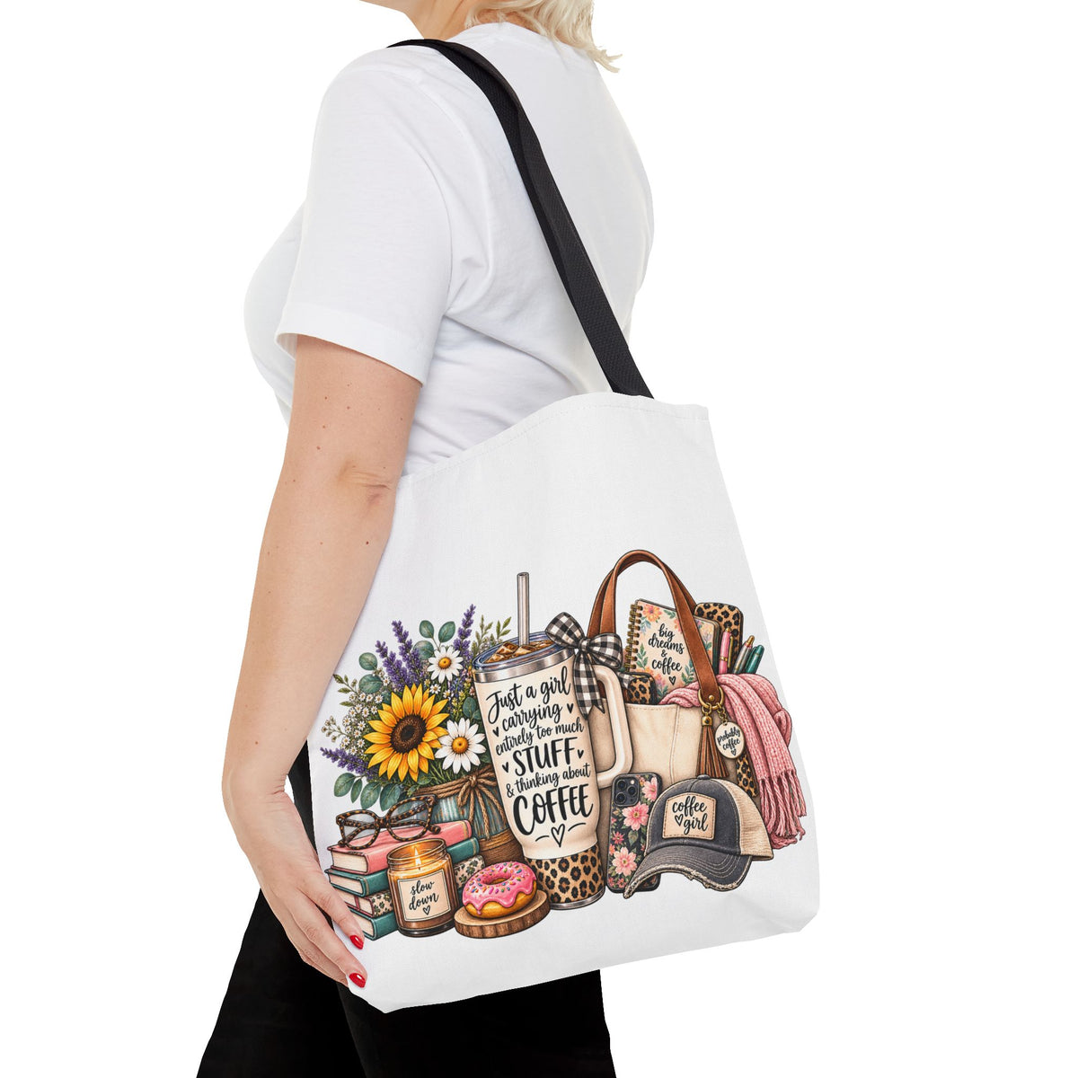 Canvas Tote Bag — "Just a girl carrying all the stuff (and coffee)" Floral & Cozy Design