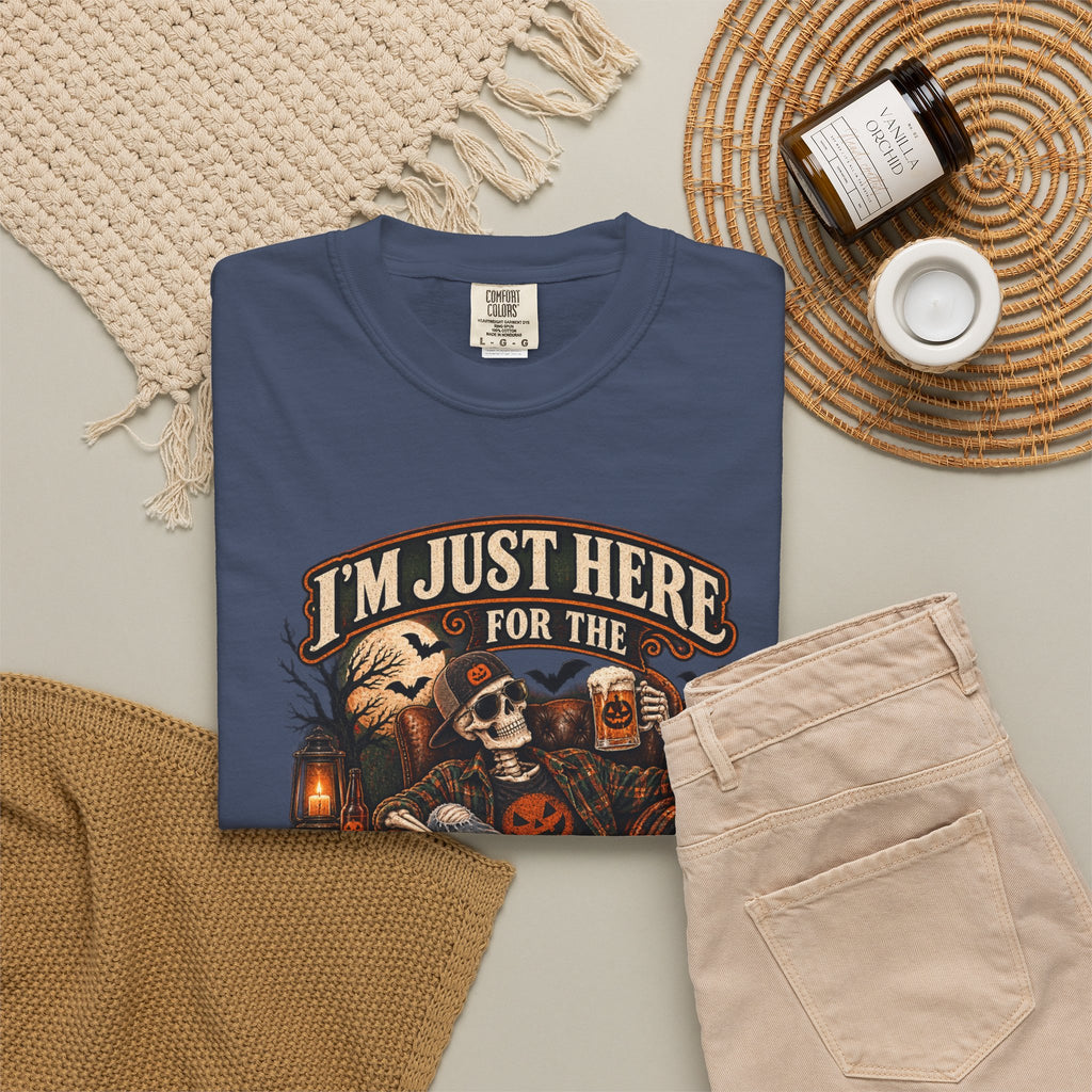 Halloween T-Shirt — "I'm Just Here for the Boos" Spooky Skull & Pumpkin Tee