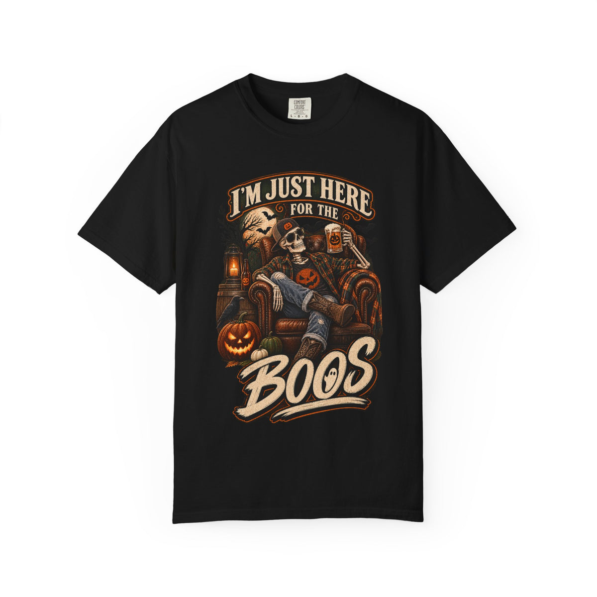 Halloween T-Shirt — "I'm Just Here for the Boos" Spooky Skull & Pumpkin Tee