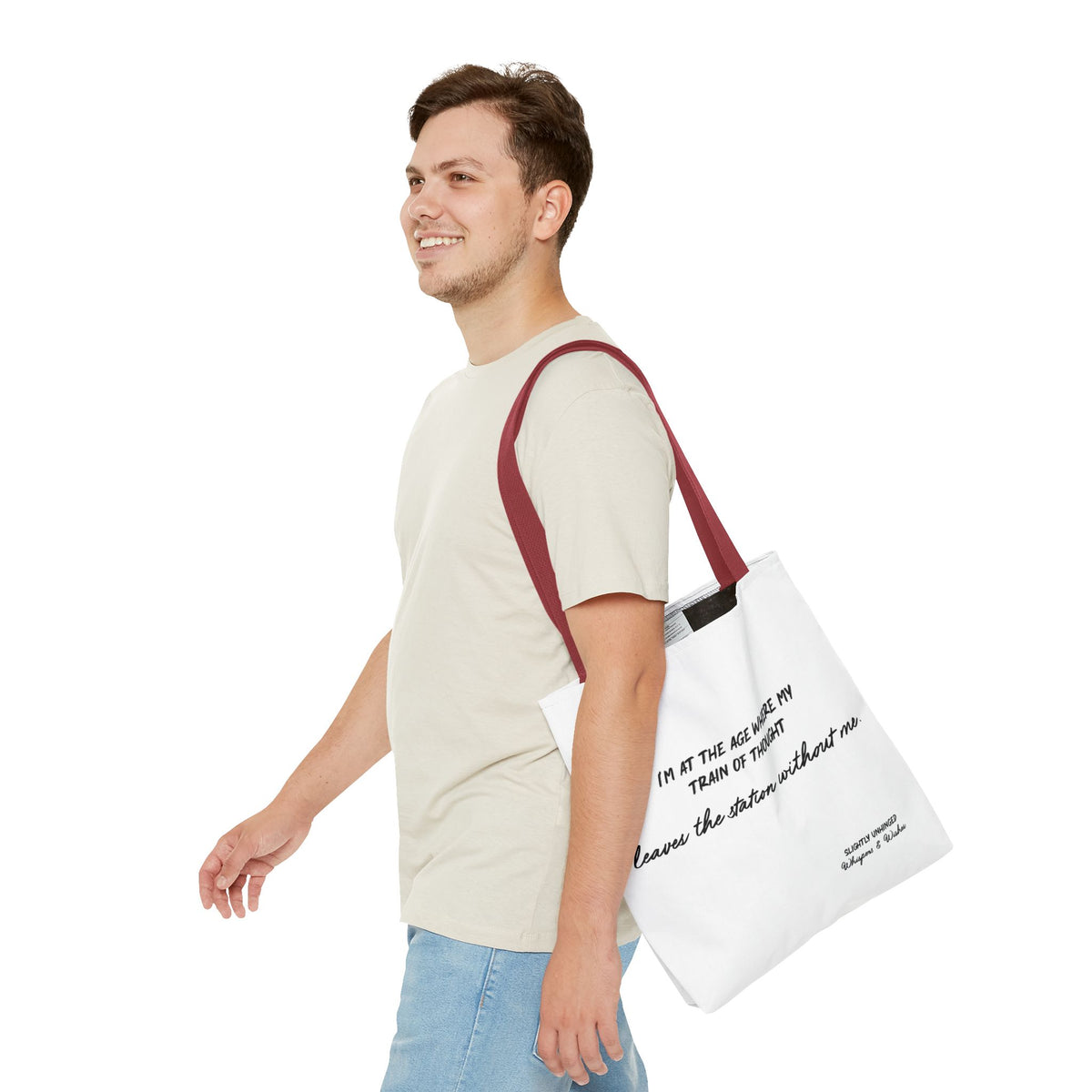 Tote Bag — "My Train of Thought Leaves the Station Without Me" Funny Quote Canvas Tote