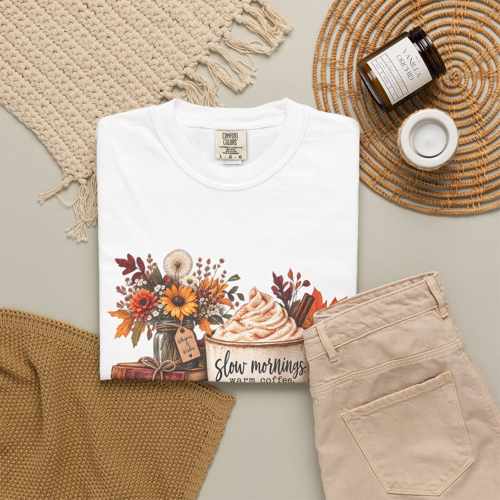 Fall Autumn Graphic T-Shirt — "Slow Mornings, Cozy Coffee, Sweater Days"