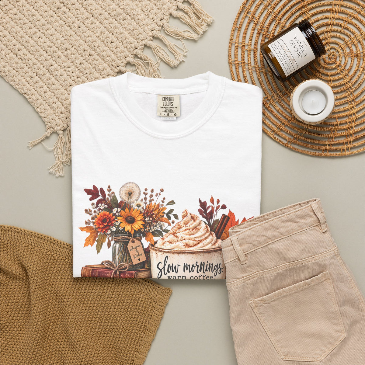 Fall Autumn Graphic T-Shirt — "Slow Mornings, Cozy Coffee, Sweater Days"