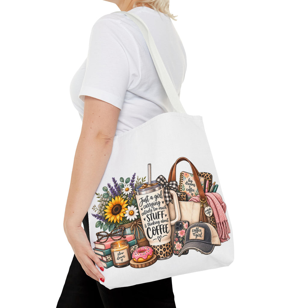 Canvas Tote Bag — "Just a girl carrying all the stuff (and coffee)" Floral & Cozy Design