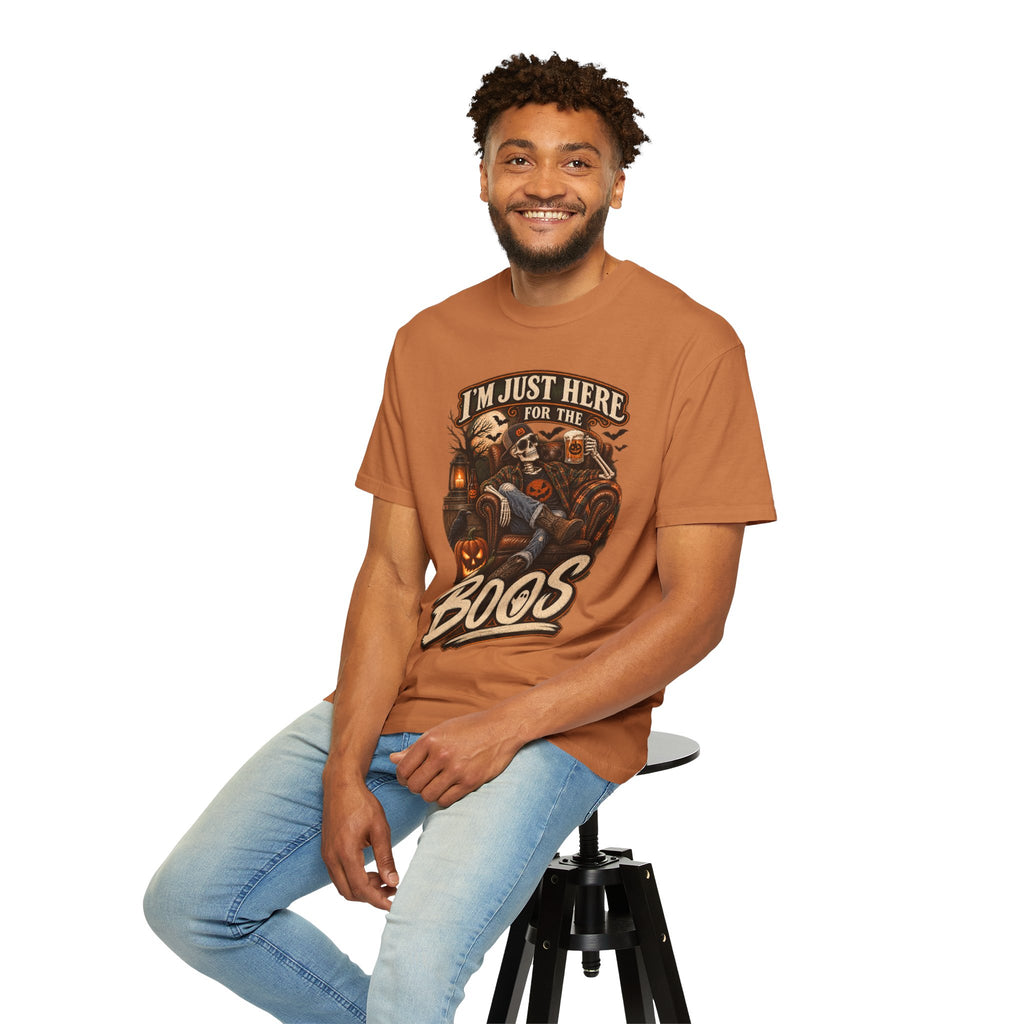 Halloween T-Shirt — "I'm Just Here for the Boos" Spooky Skull & Pumpkin Tee