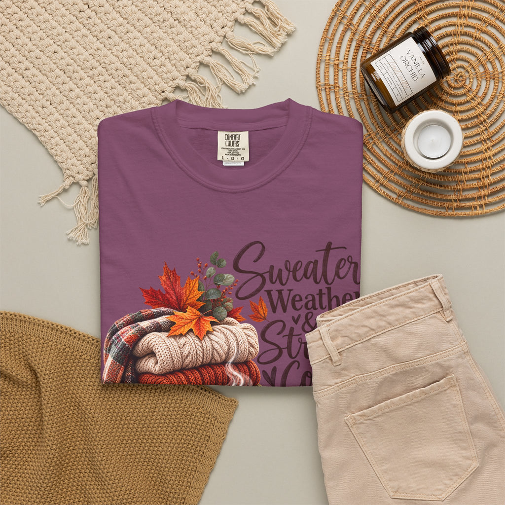 Sweater Weather & Strong Coffee T-Shirt — Cozy Fall Plaid Coffee Graphic Tee