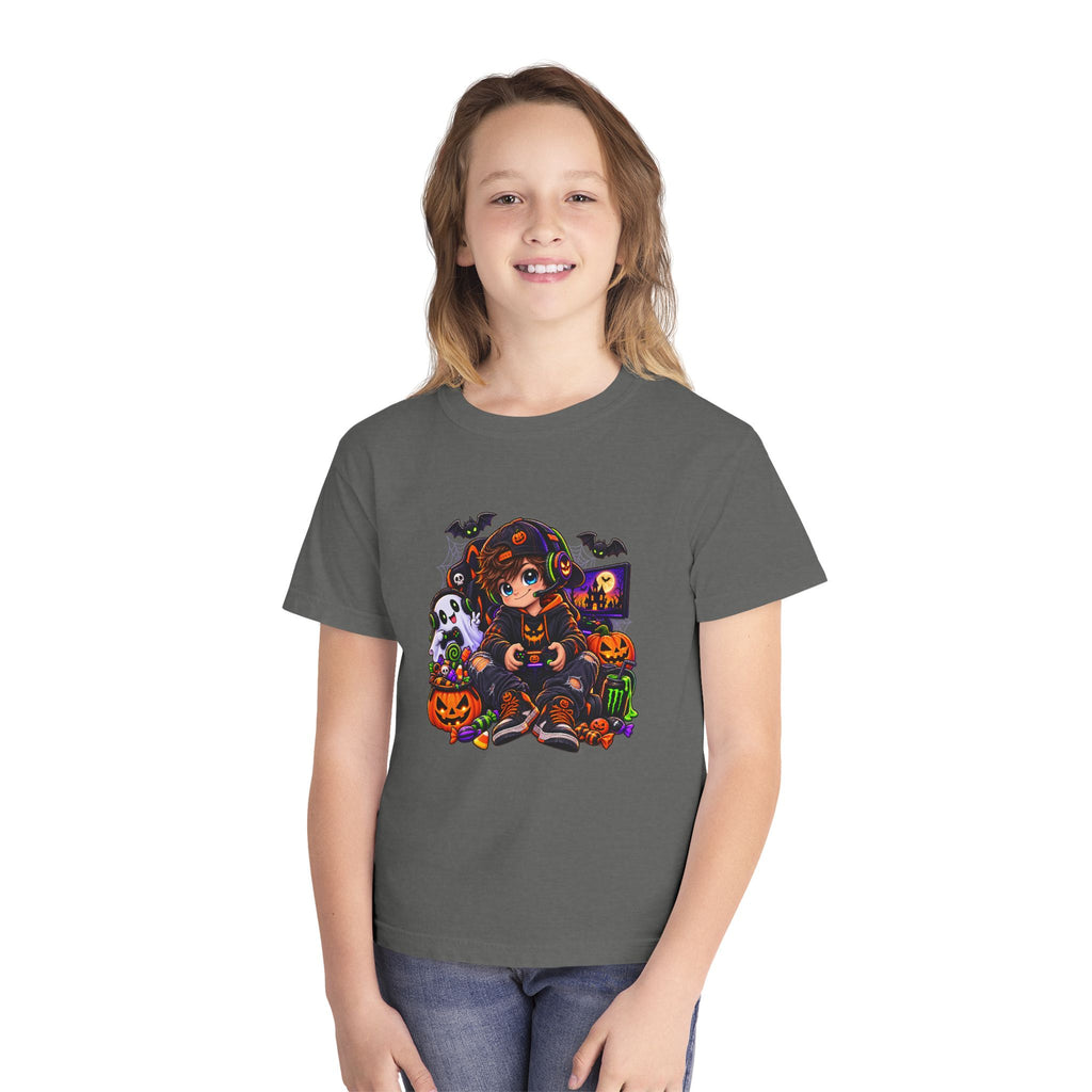 Kids Halloween Tee - Cute Gamer Kid with Pumpkins & Bats
