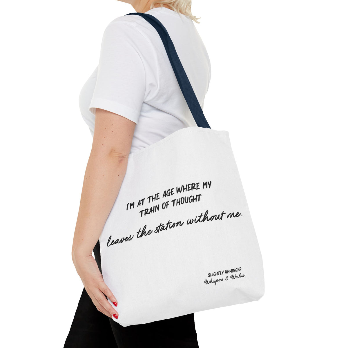 Tote Bag — "My Train of Thought Leaves the Station Without Me" Funny Quote Canvas Tote