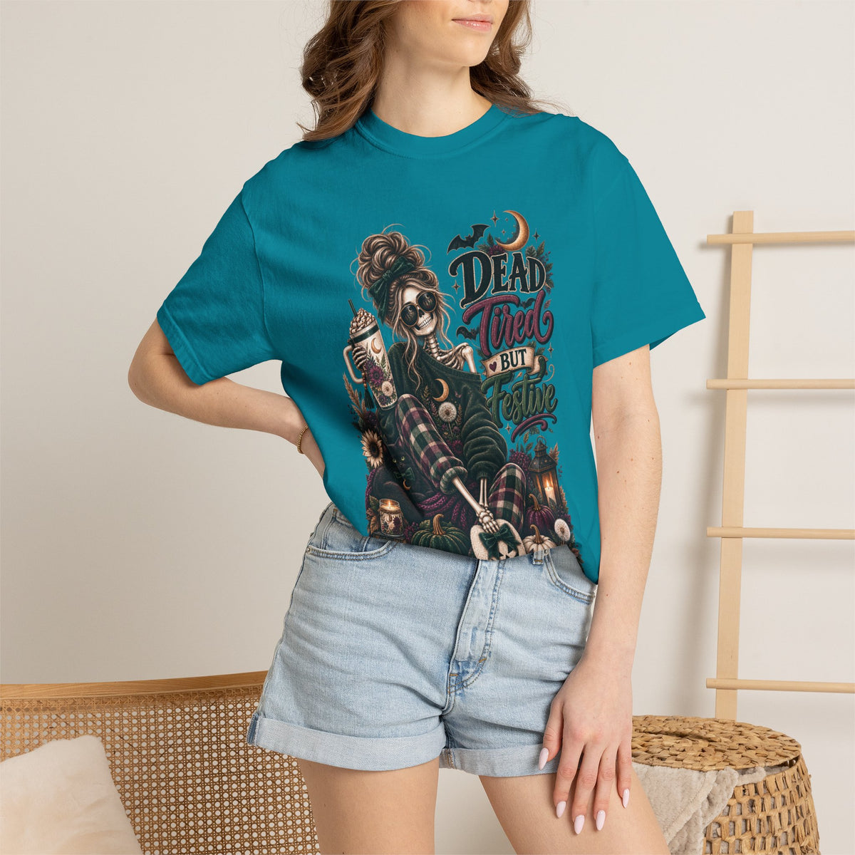 Halloween Skull Witch T-Shirt — "Dead Tired But Still Cute" Graphic Tee