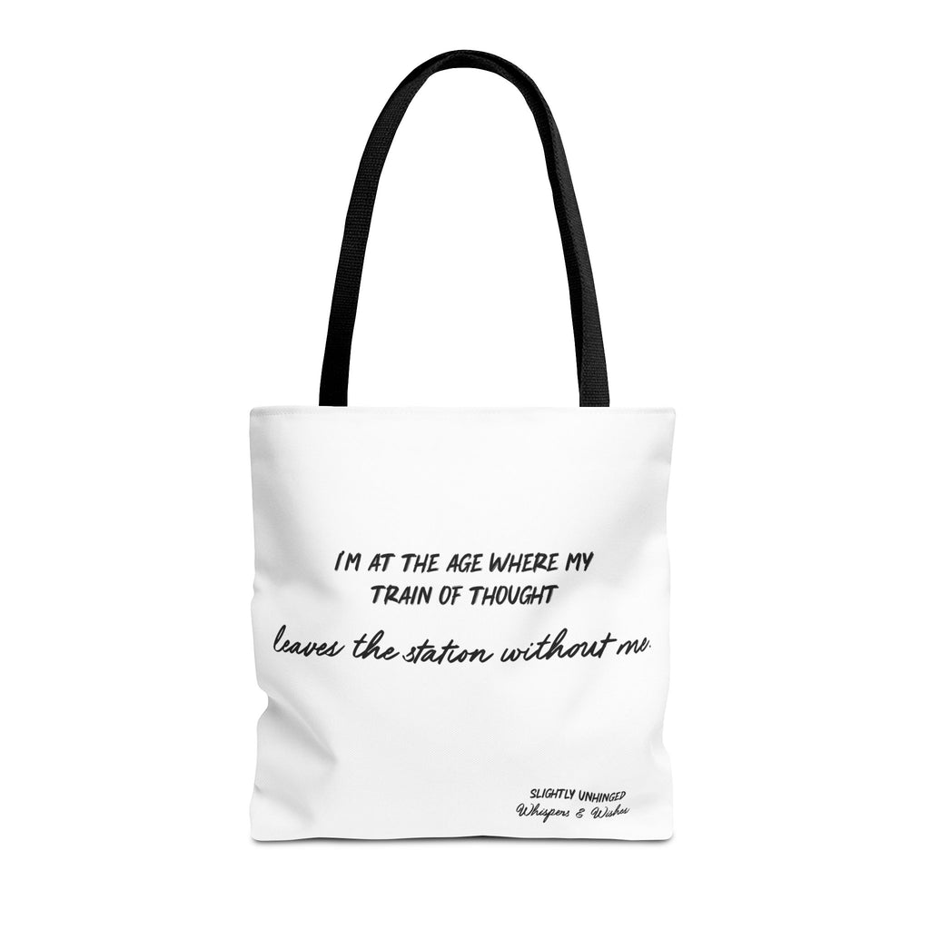 Tote Bag — "My Train of Thought Leaves the Station Without Me" Funny Quote Canvas Tote
