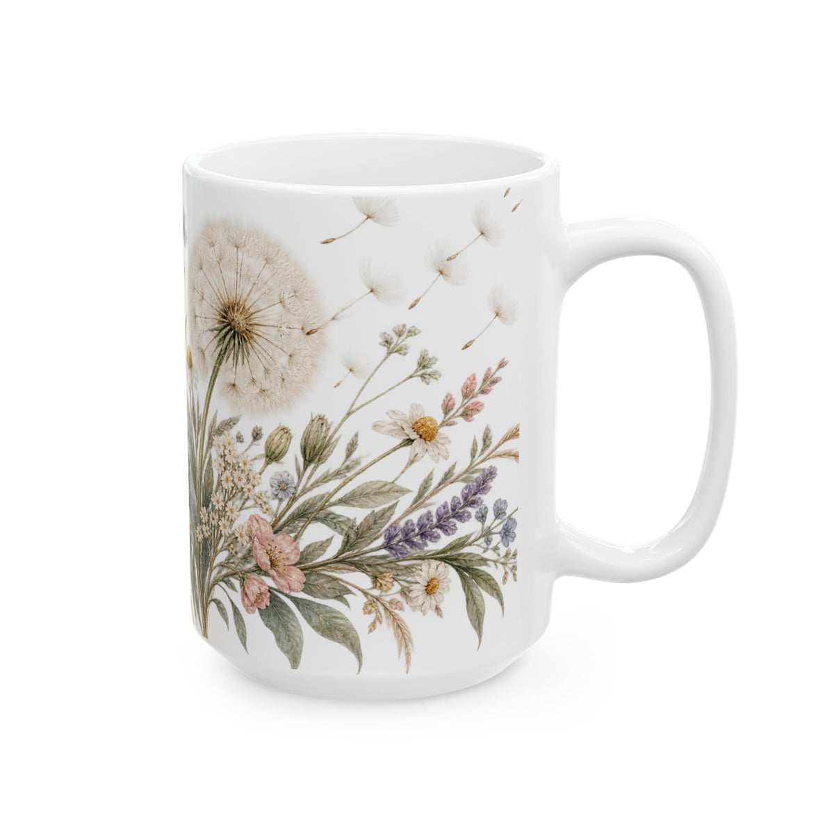 Wild Blooms Floral Dandelion Mug — Botanical Ceramic Coffee Cup (15oz)