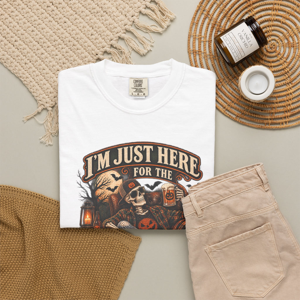 Halloween T-Shirt — "I'm Just Here for the Boos" Spooky Skull & Pumpkin Tee